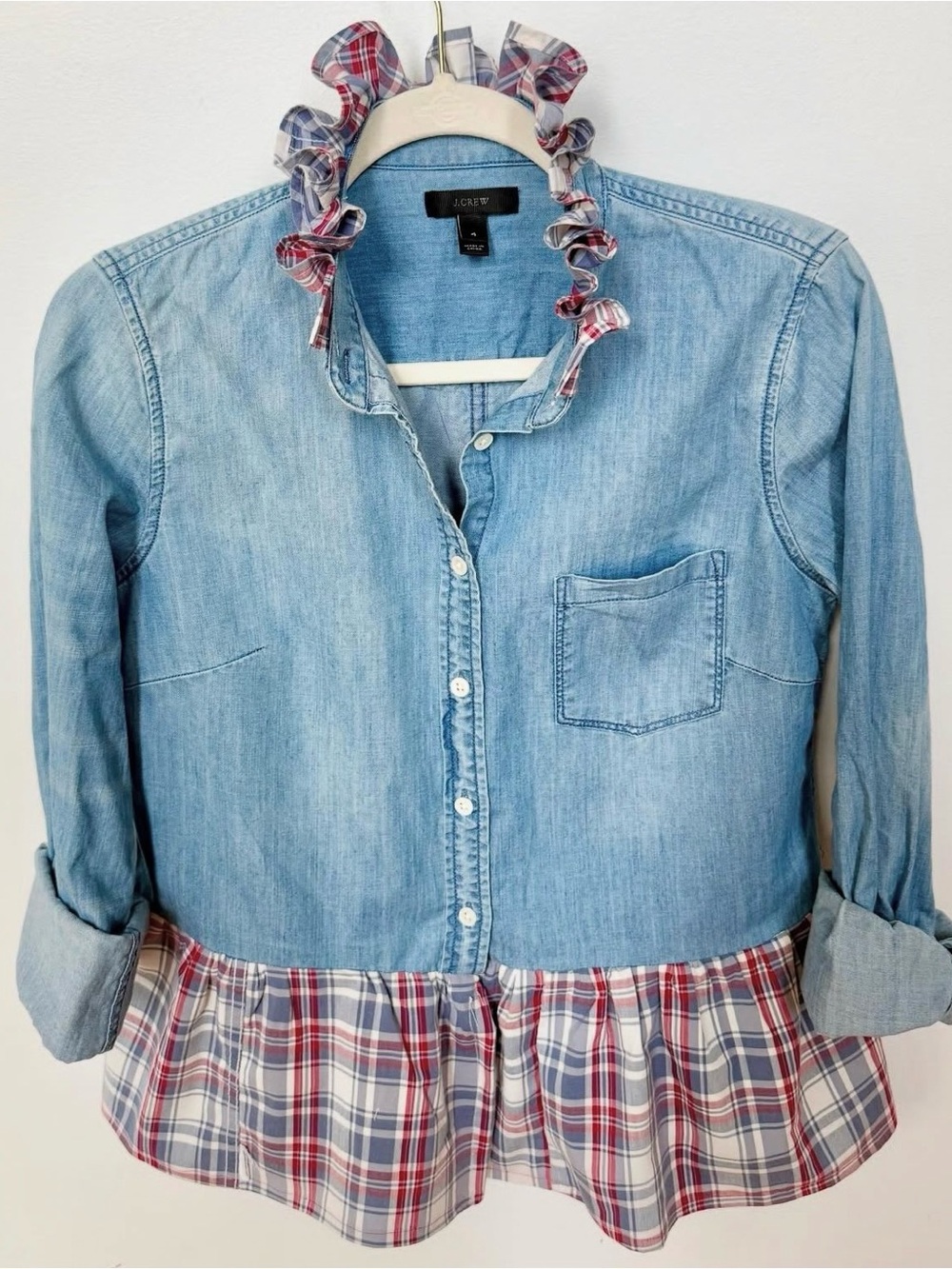 J. Crew women’s' Light Wash Denim Shirt with Red Plaid Ruffle Hem